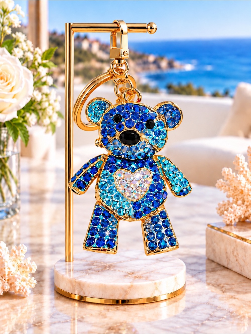 Sparkling Blue and Gold Bear Keychain